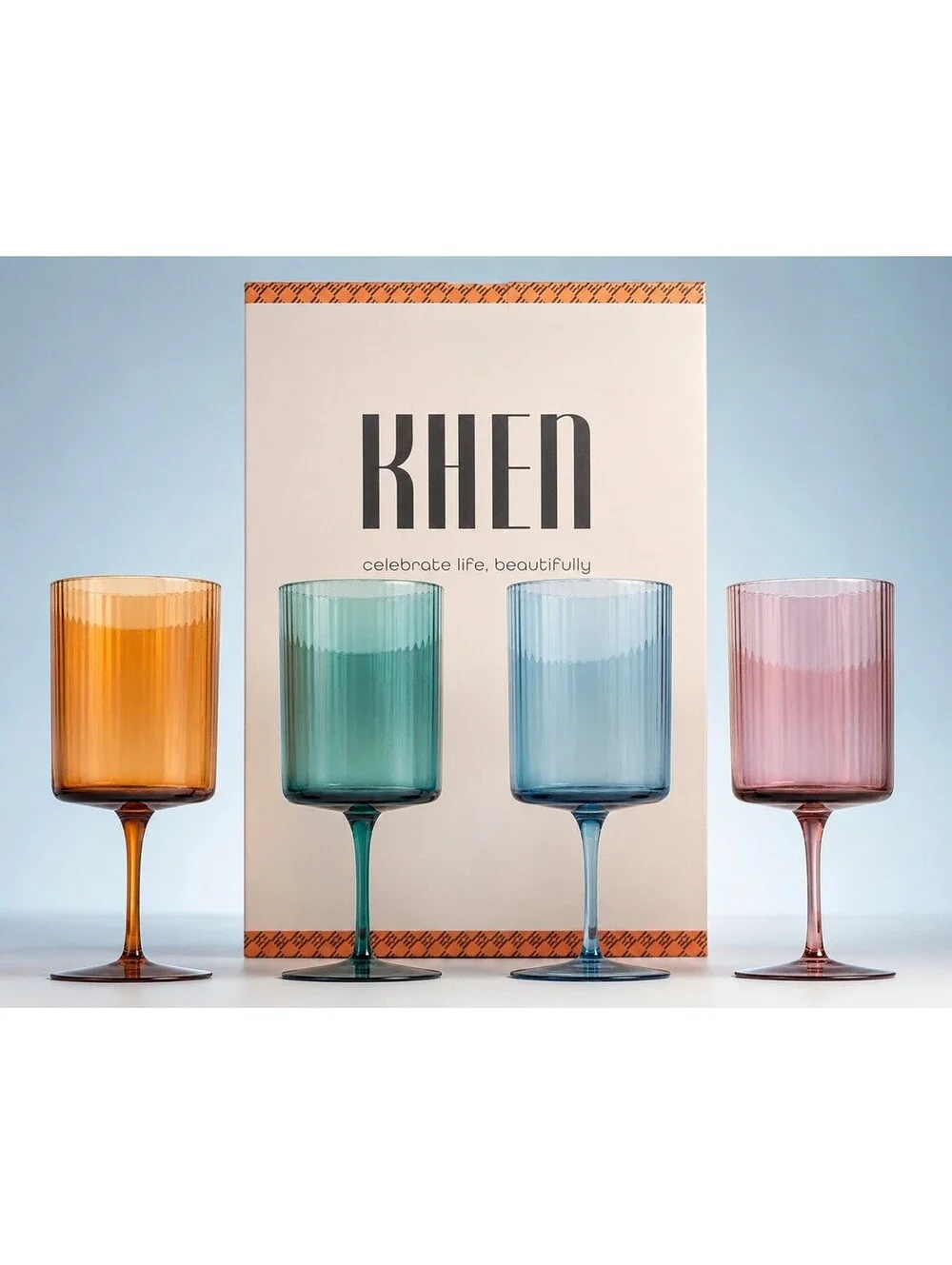 NIB Khen Tonal Ribbed Square Wine Glasses Set Of 4 Multicolor, 3x9